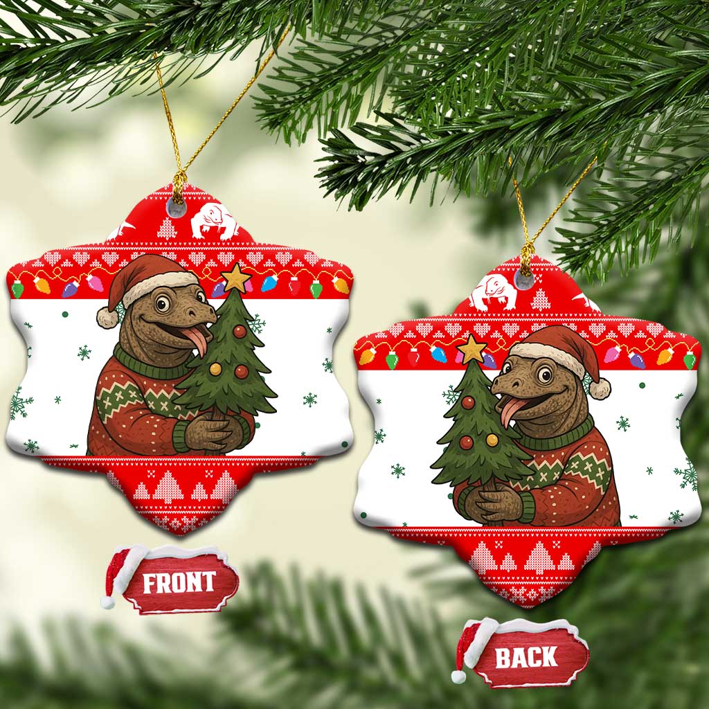 Indonesia Christmas Ceramic Ornament with Komodo Dragon Santa Hat Christmas Tree and Red White Holiday - Wonder Print Shop