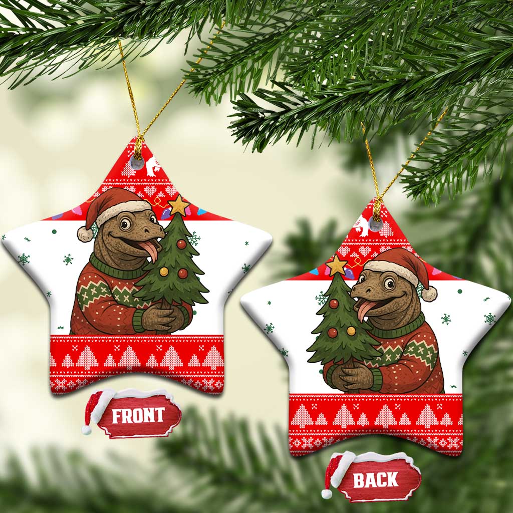 Indonesia Christmas Ceramic Ornament with Komodo Dragon Santa Hat Christmas Tree and Red White Holiday - Wonder Print Shop