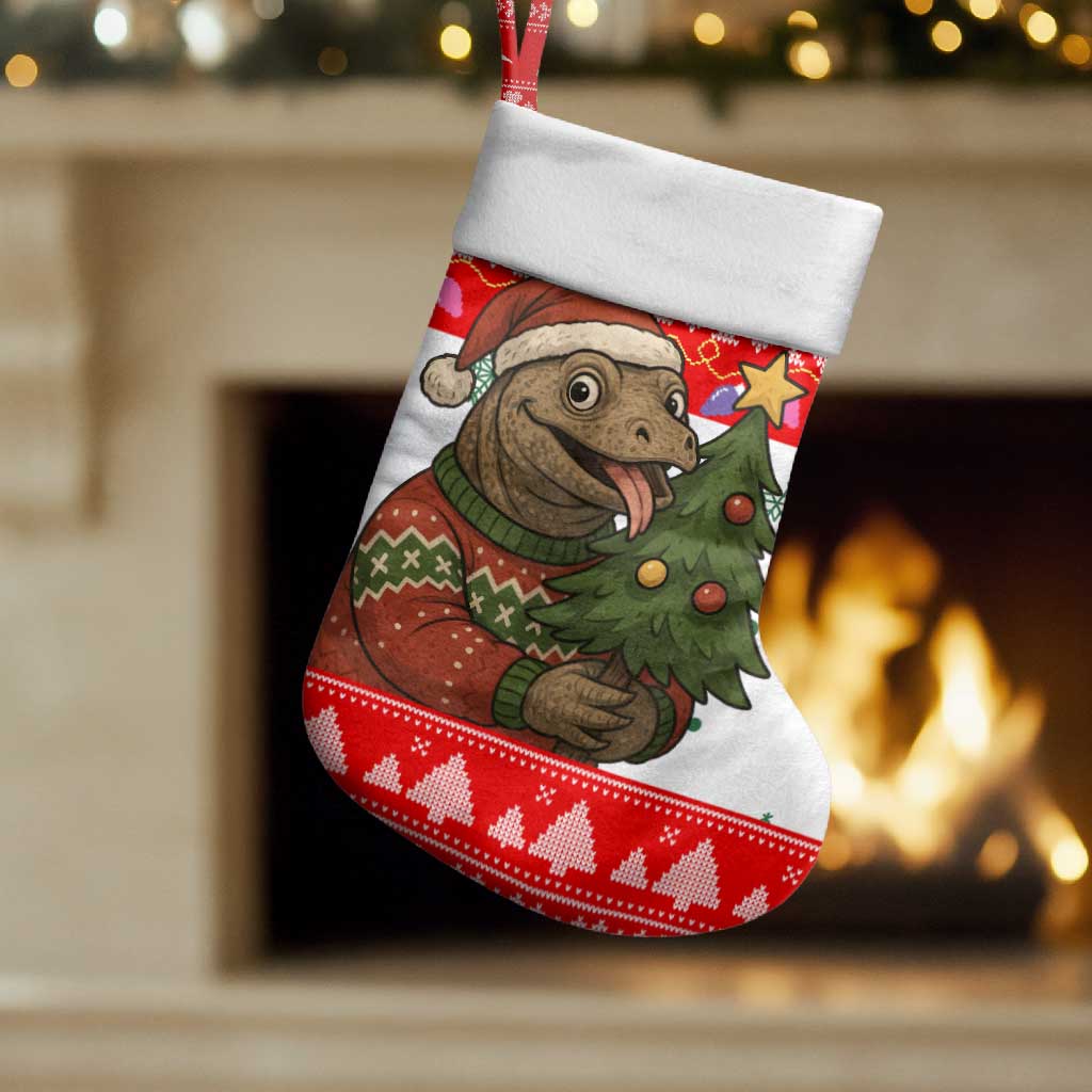 Indonesia Christmas Stocking with Komodo Dragon Santa Hat Christmas Tree and Red White Holiday - Wonder Print Shop