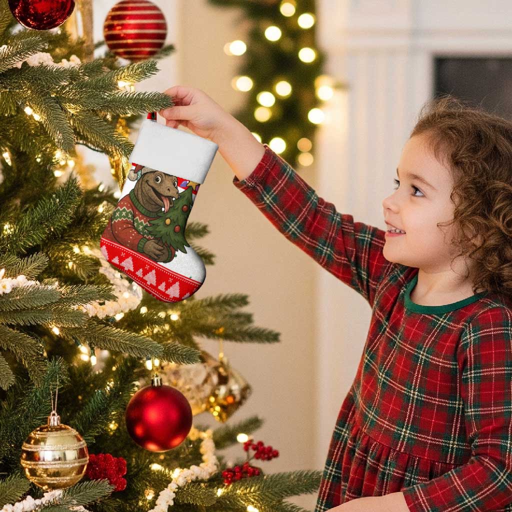 Indonesia Christmas Stocking with Komodo Dragon Santa Hat Christmas Tree and Red White Holiday - Wonder Print Shop