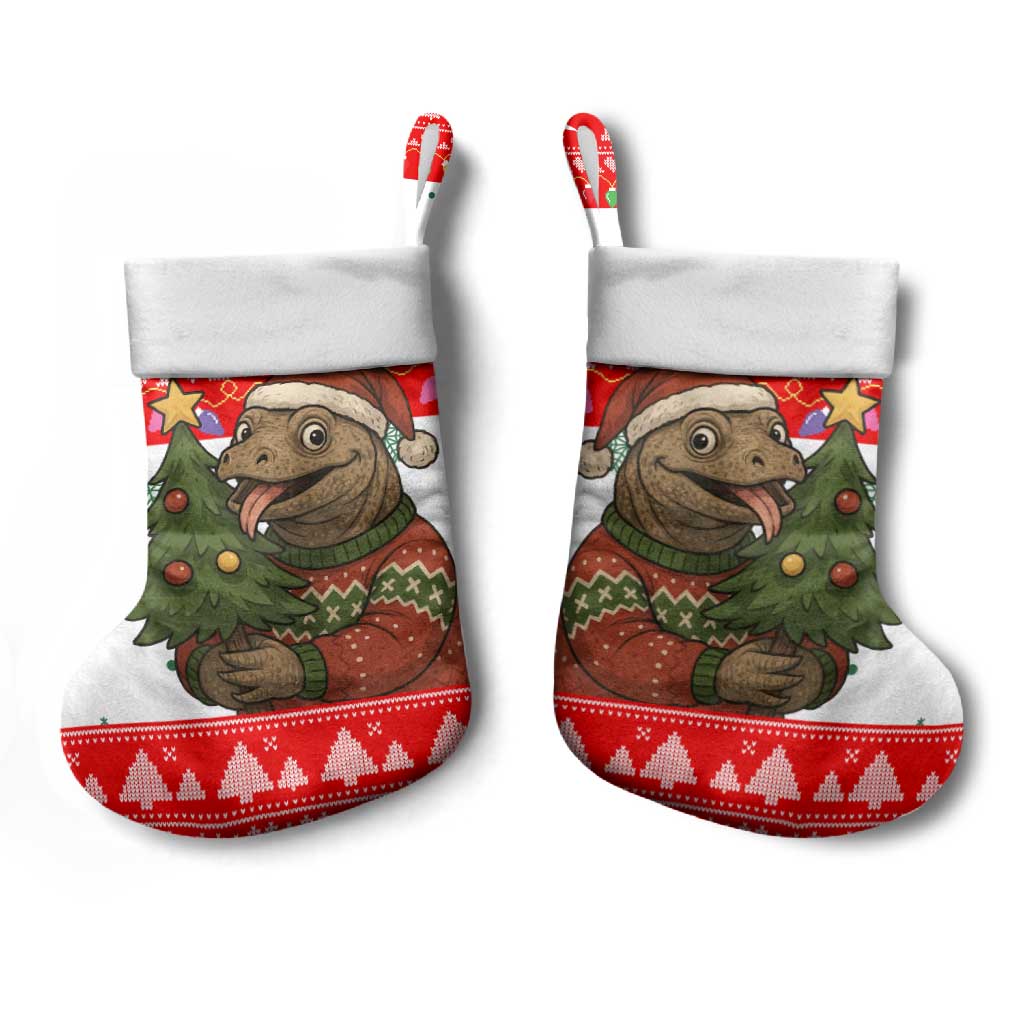 Indonesia Christmas Stocking with Komodo Dragon Santa Hat Christmas Tree and Red White Holiday - Wonder Print Shop