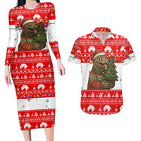 Indonesia Christmas Couples Matching Long Sleeve Bodycon Dress and Hawaiian Shirt with Komodo Dragon Santa Hat Christmas Tree and Red White Holiday - Wonder Print Shop