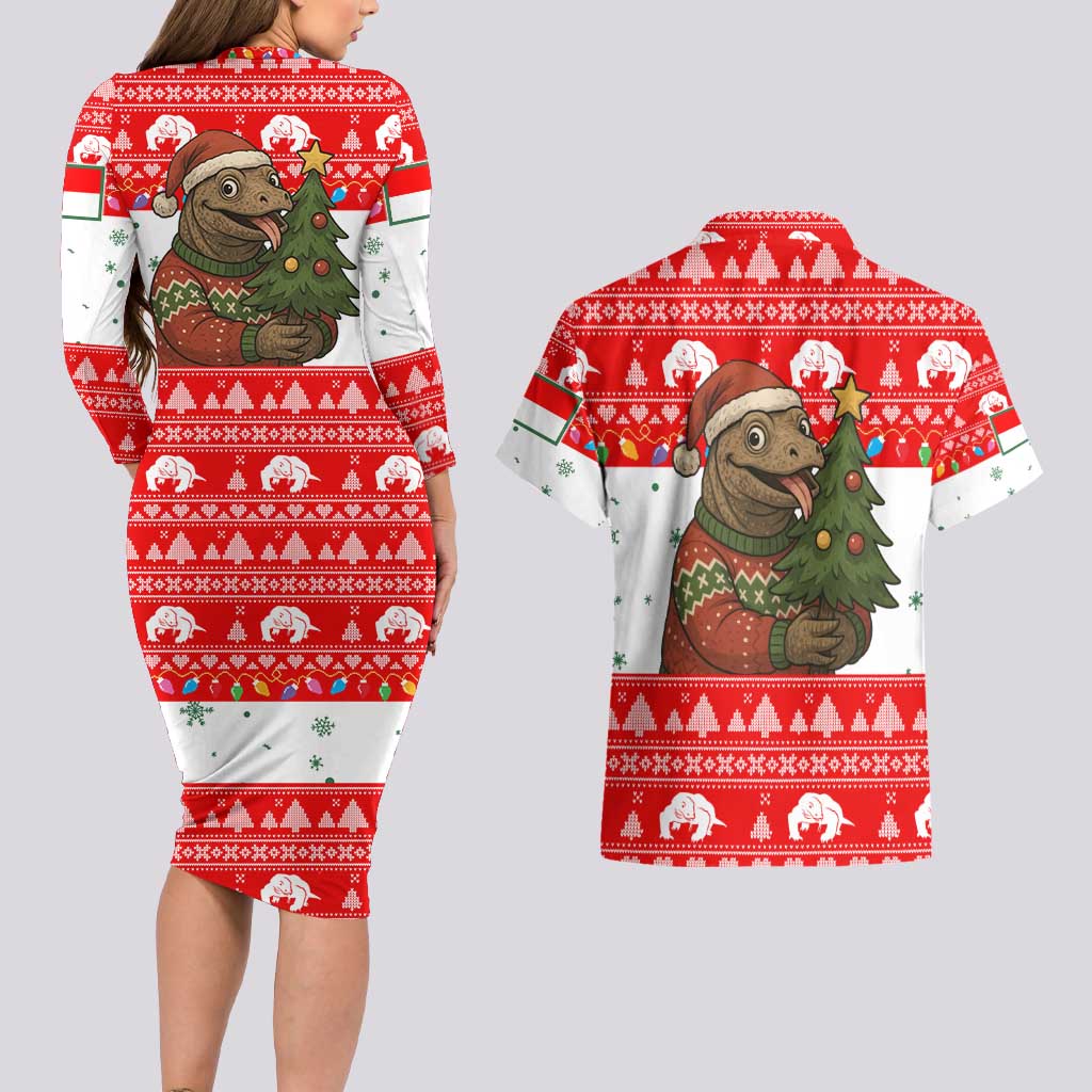 Indonesia Christmas Couples Matching Long Sleeve Bodycon Dress and Hawaiian Shirt with Komodo Dragon Santa Hat Christmas Tree and Red White Holiday - Wonder Print Shop