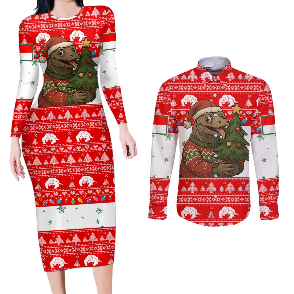 Indonesia Christmas Couples Matching Long Sleeve Bodycon Dress and Long Sleeve Button Shirt with Komodo Dragon Santa Hat Christmas Tree and Red White Holiday - Wonder Print Shop