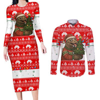 Indonesia Christmas Couples Matching Long Sleeve Bodycon Dress and Long Sleeve Button Shirt with Komodo Dragon Santa Hat Christmas Tree and Red White Holiday - Wonder Print Shop
