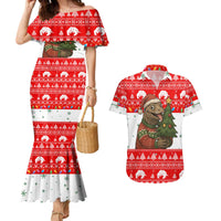 Indonesia Christmas Couples Matching Mermaid Dress and Hawaiian Shirt with Komodo Dragon Santa Hat Christmas Tree and Red White Holiday - Wonder Print Shop