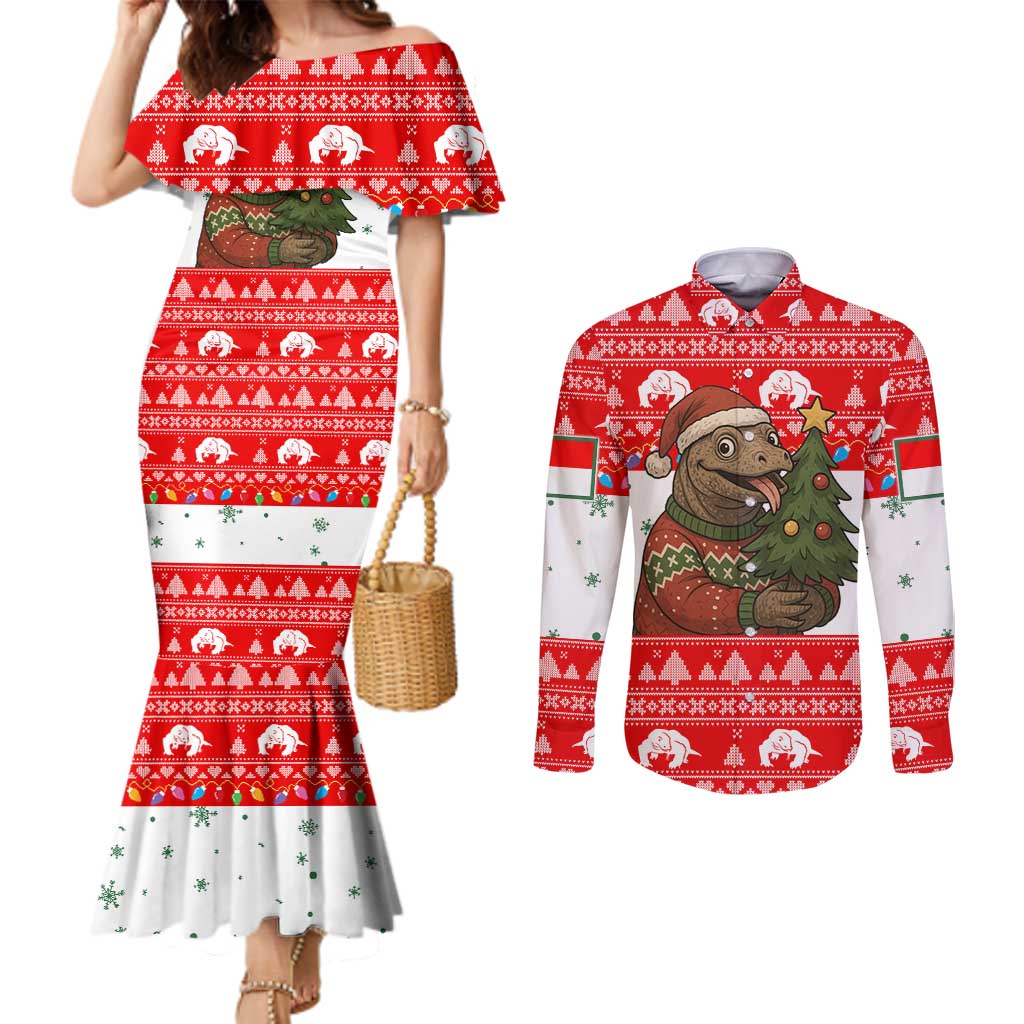 Indonesia Christmas Couples Matching Mermaid Dress and Long Sleeve Button Shirt with Komodo Dragon Santa Hat Christmas Tree and Red White Holiday - Wonder Print Shop