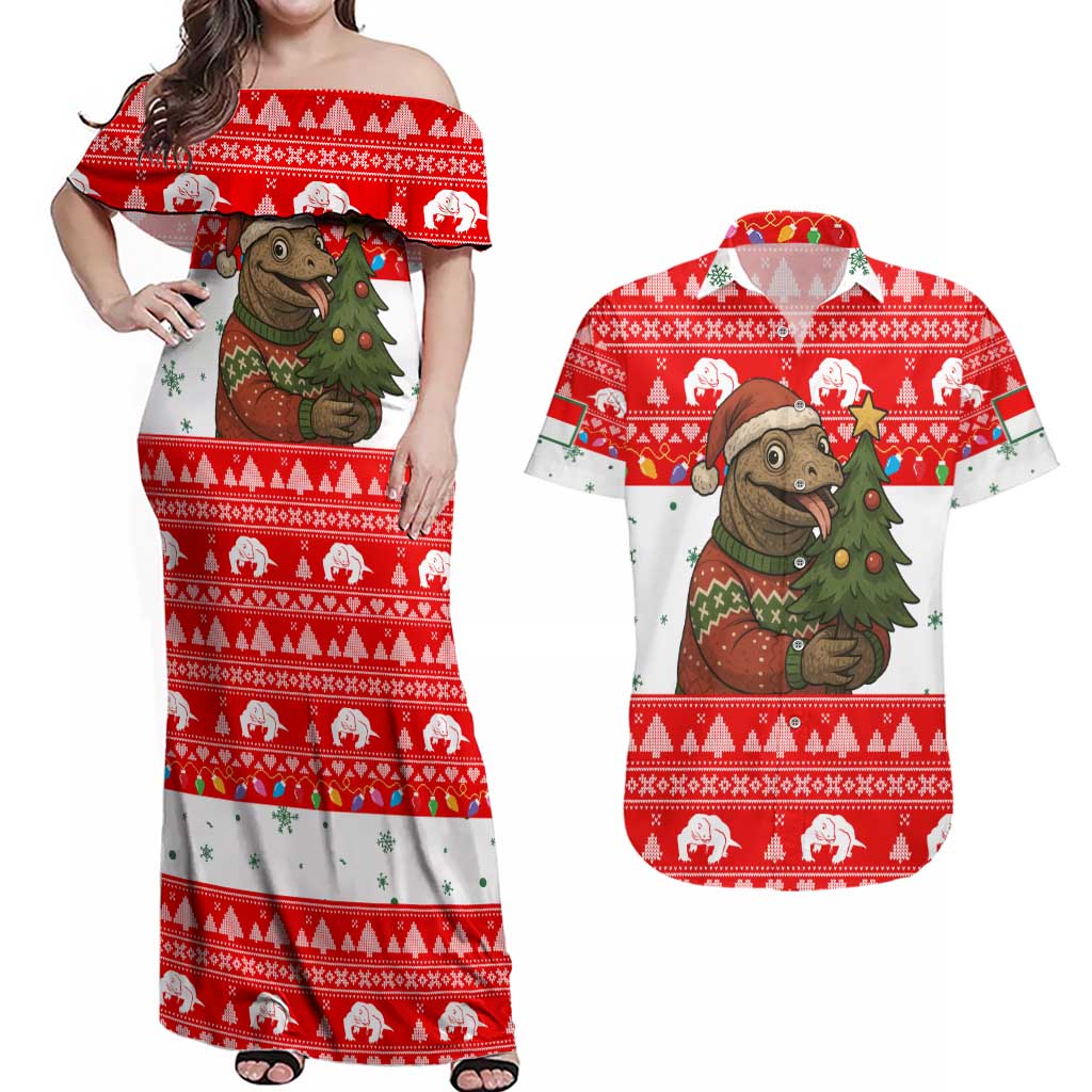 Indonesia Christmas Couples Matching Off Shoulder Maxi Dress and Hawaiian Shirt with Komodo Dragon Santa Hat Christmas Tree and Red White Holiday - Wonder Print Shop