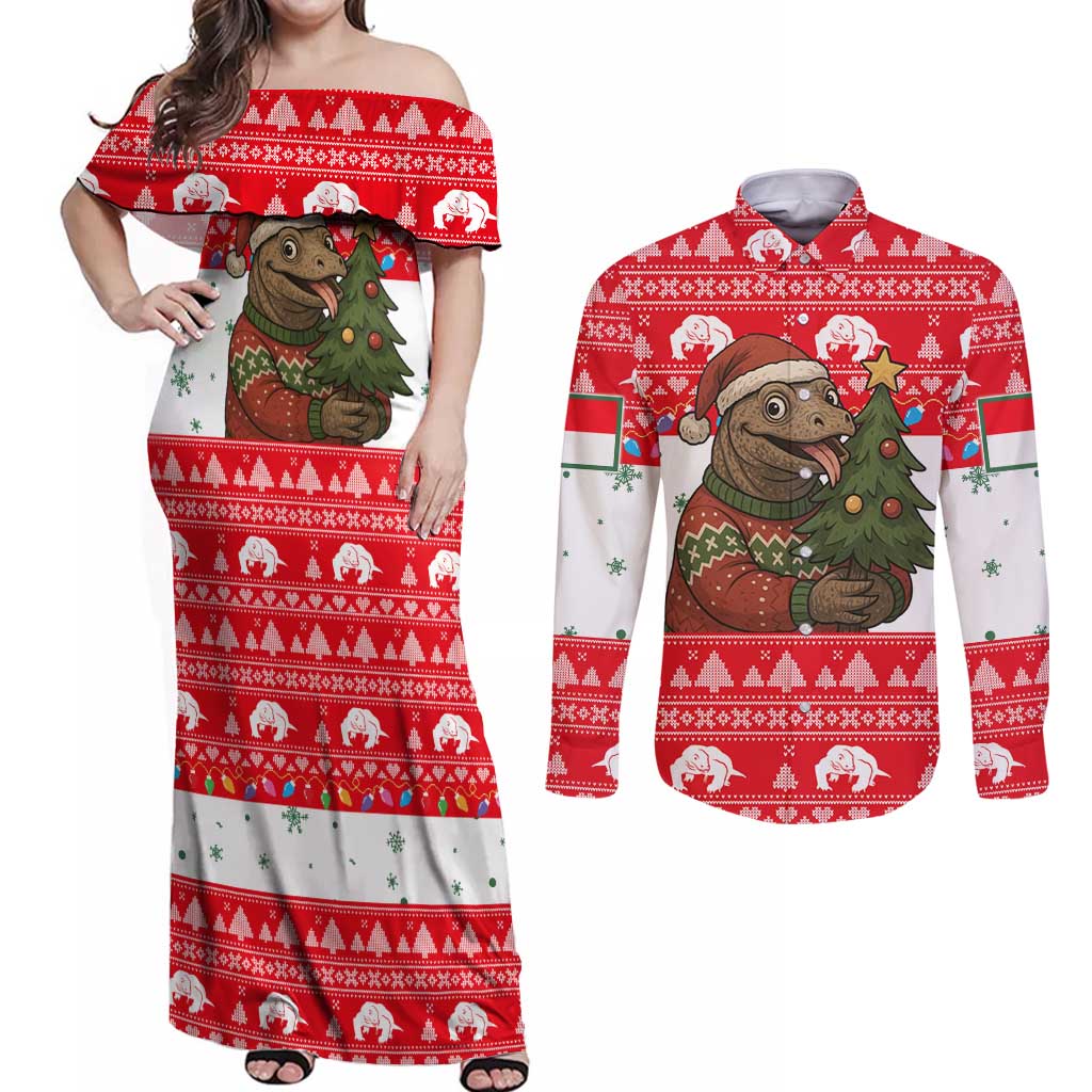 Indonesia Christmas Couples Matching Off Shoulder Maxi Dress and Long Sleeve Button Shirt with Komodo Dragon Santa Hat Christmas Tree and Red White Holiday - Wonder Print Shop