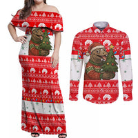 Indonesia Christmas Couples Matching Off Shoulder Maxi Dress and Long Sleeve Button Shirt with Komodo Dragon Santa Hat Christmas Tree and Red White Holiday - Wonder Print Shop