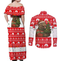 Indonesia Christmas Couples Matching Off Shoulder Maxi Dress and Long Sleeve Button Shirt with Komodo Dragon Santa Hat Christmas Tree and Red White Holiday - Wonder Print Shop