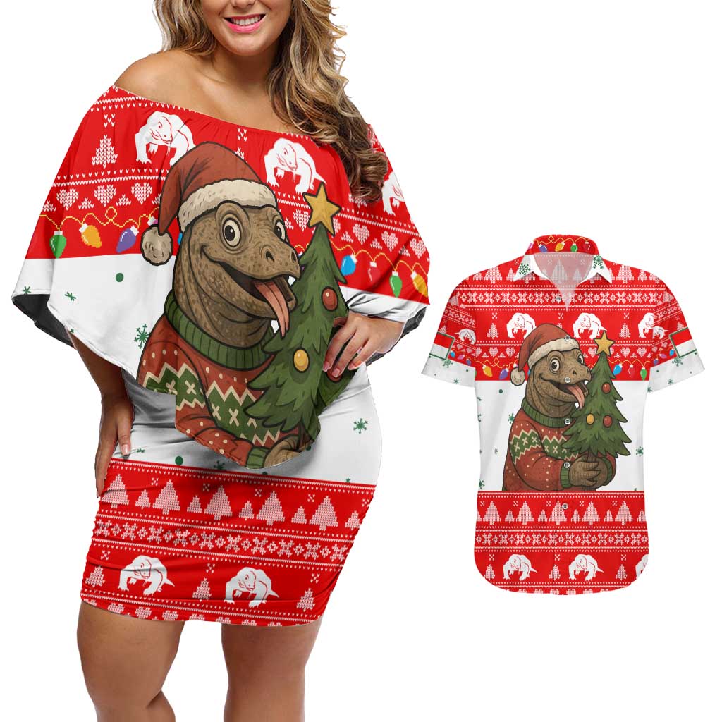 Indonesia Christmas Couples Matching Off Shoulder Short Dress and Hawaiian Shirt with Komodo Dragon Santa Hat Christmas Tree and Red White Holiday - Wonder Print Shop
