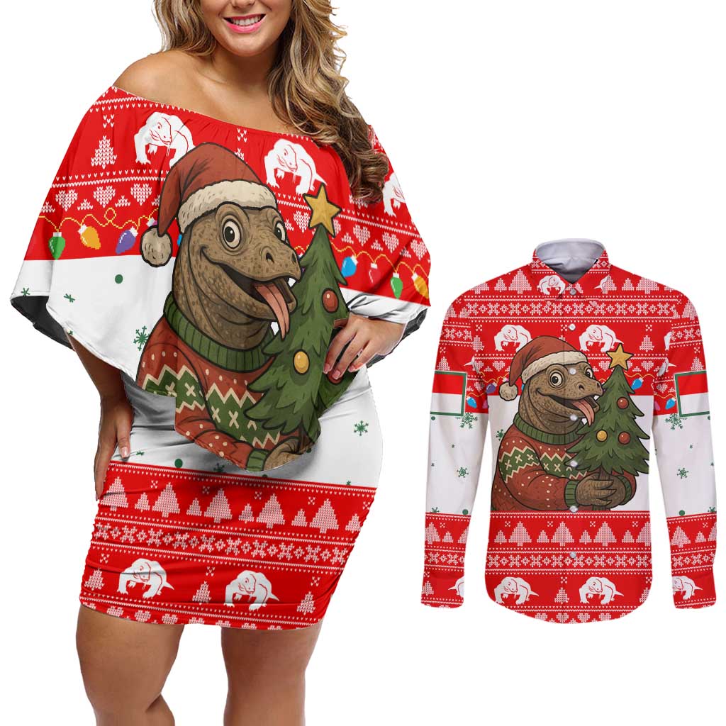 Indonesia Christmas Couples Matching Off Shoulder Short Dress and Long Sleeve Button Shirt with Komodo Dragon Santa Hat Christmas Tree and Red White Holiday - Wonder Print Shop
