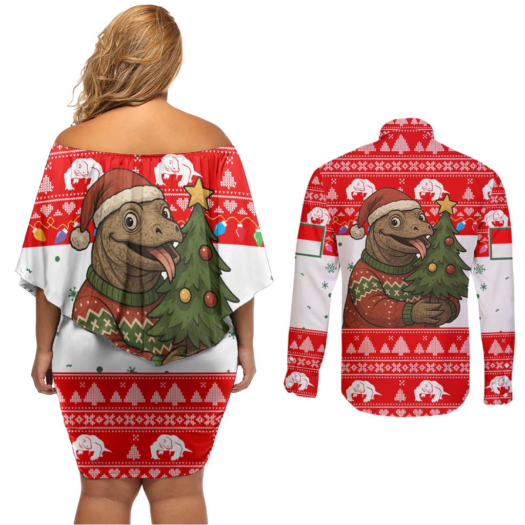 Indonesia Christmas Couples Matching Off Shoulder Short Dress and Long Sleeve Button Shirt with Komodo Dragon Santa Hat Christmas Tree and Red White Holiday - Wonder Print Shop