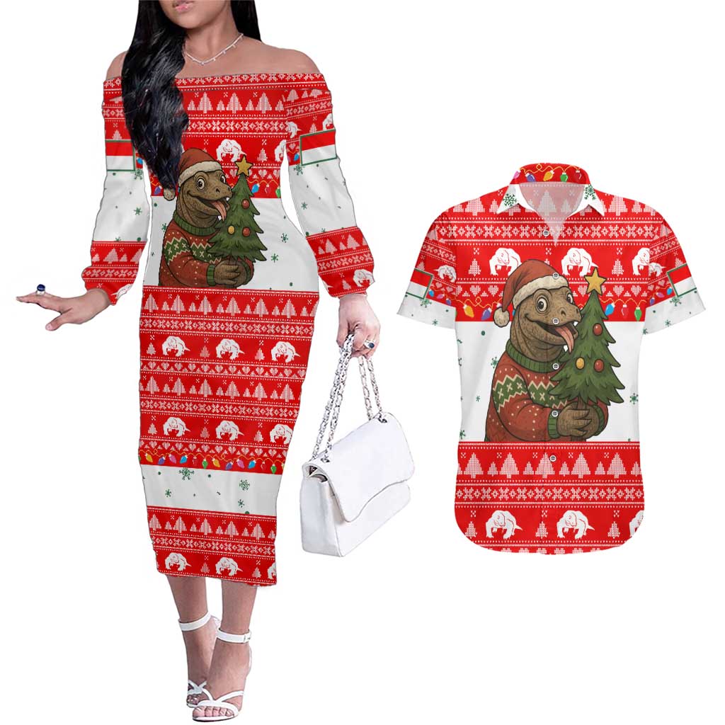 Indonesia Christmas Couples Matching Off The Shoulder Long Sleeve Dress and Hawaiian Shirt with Komodo Dragon Santa Hat Christmas Tree and Red White Holiday - Wonder Print Shop
