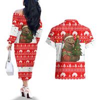 Indonesia Christmas Couples Matching Off The Shoulder Long Sleeve Dress and Hawaiian Shirt with Komodo Dragon Santa Hat Christmas Tree and Red White Holiday - Wonder Print Shop