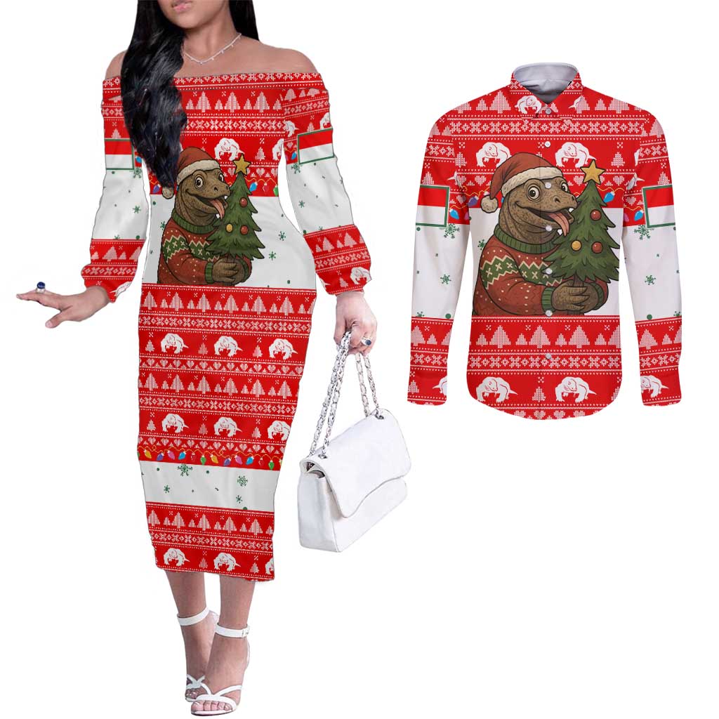 Indonesia Christmas Couples Matching Off The Shoulder Long Sleeve Dress and Long Sleeve Button Shirt with Komodo Dragon Santa Hat Christmas Tree and Red White Holiday - Wonder Print Shop