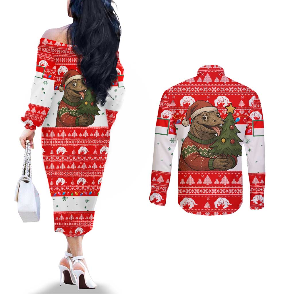 Indonesia Christmas Couples Matching Off The Shoulder Long Sleeve Dress and Long Sleeve Button Shirt with Komodo Dragon Santa Hat Christmas Tree and Red White Holiday - Wonder Print Shop