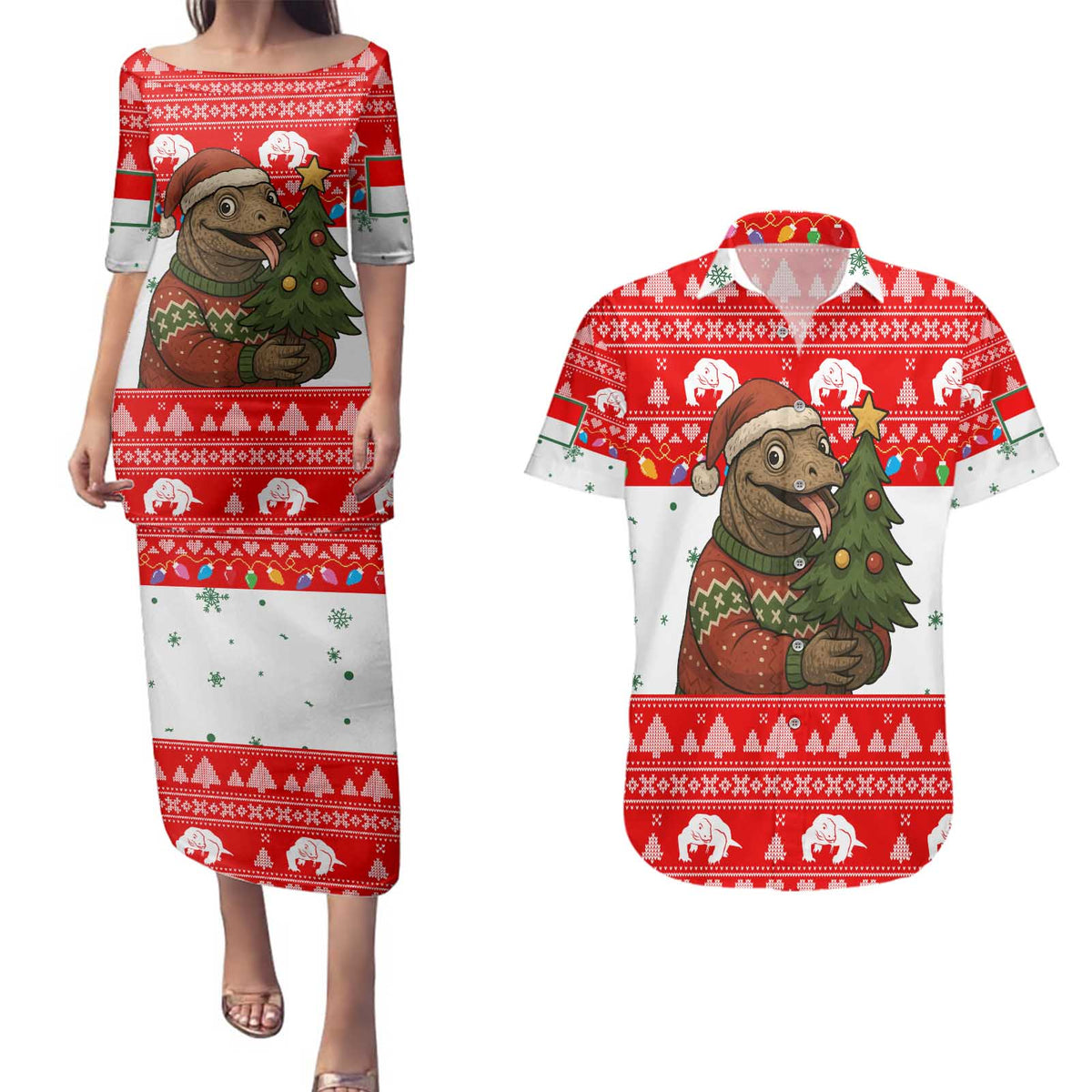 Indonesia Christmas Couples Matching Puletasi and Hawaiian Shirt with Komodo Dragon Santa Hat Christmas Tree and Red White Holiday - Wonder Print Shop