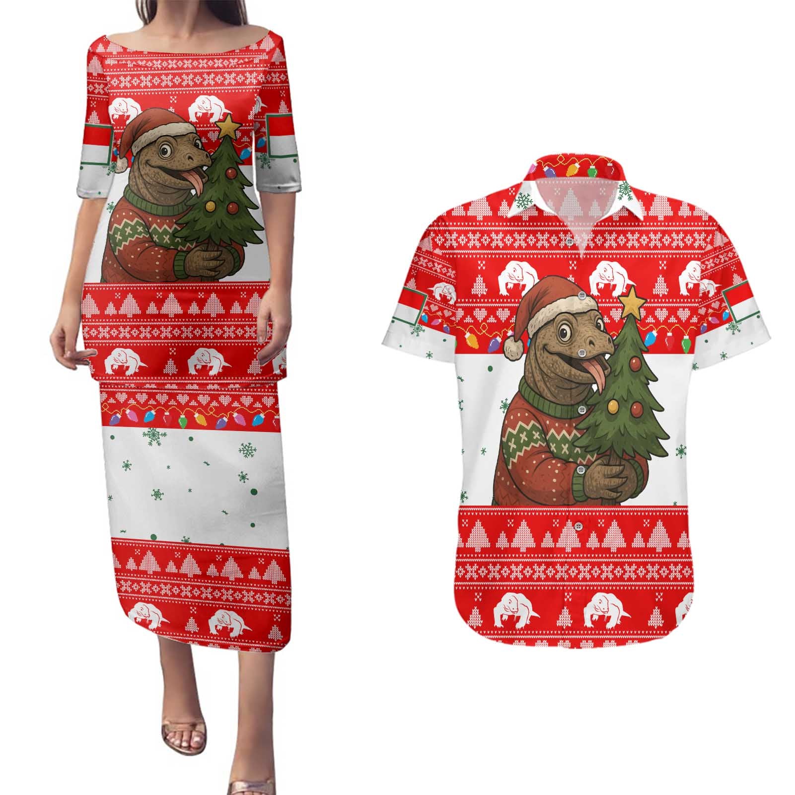 Indonesia Christmas Couples Matching Puletasi and Hawaiian Shirt with Komodo Dragon Santa Hat Christmas Tree and Red White Holiday - Wonder Print Shop