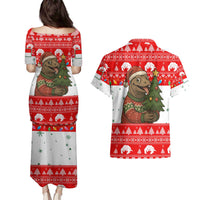 Indonesia Christmas Couples Matching Puletasi and Hawaiian Shirt with Komodo Dragon Santa Hat Christmas Tree and Red White Holiday - Wonder Print Shop