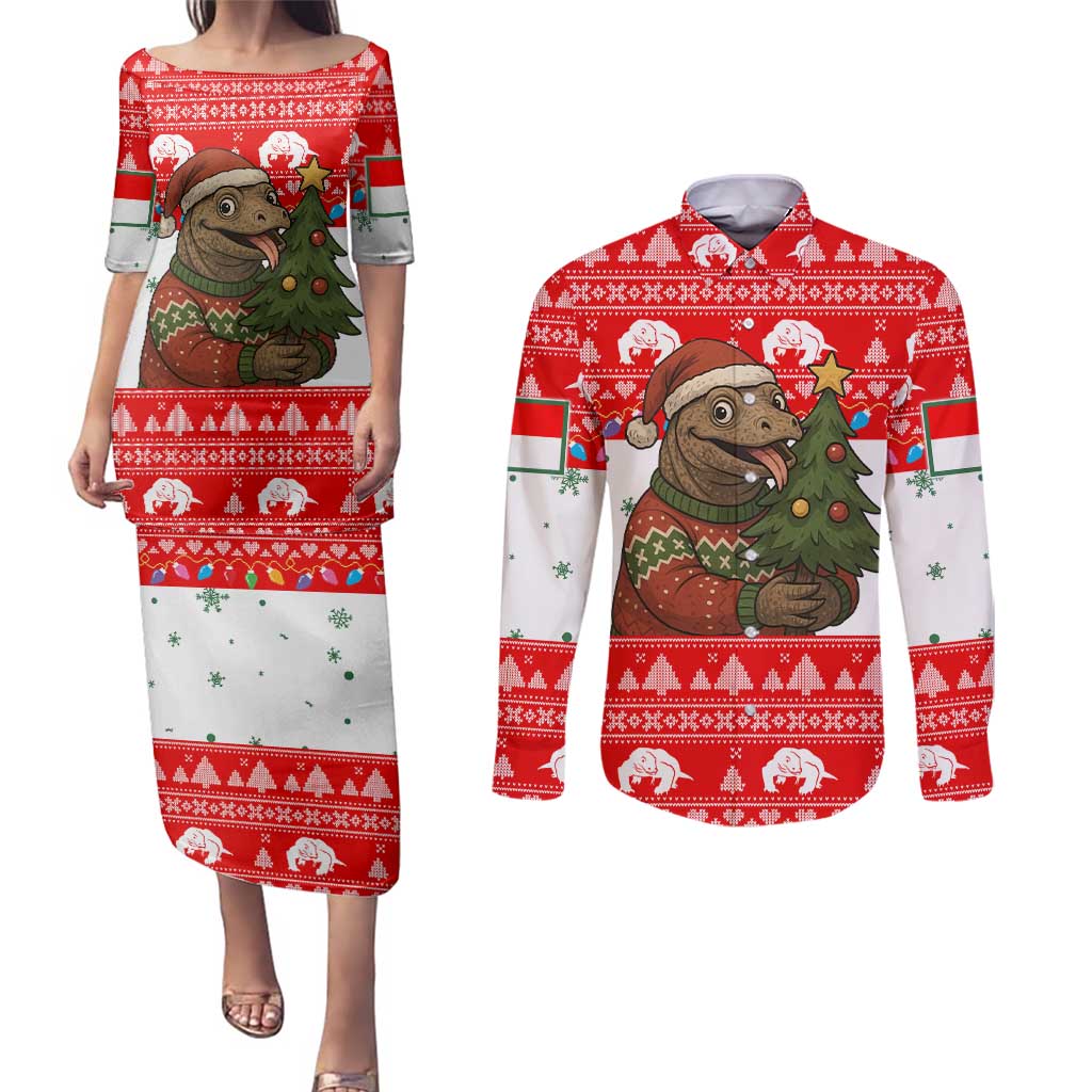 Indonesia Christmas Couples Matching Puletasi and Long Sleeve Button Shirt with Komodo Dragon Santa Hat Christmas Tree and Red White Holiday - Wonder Print Shop