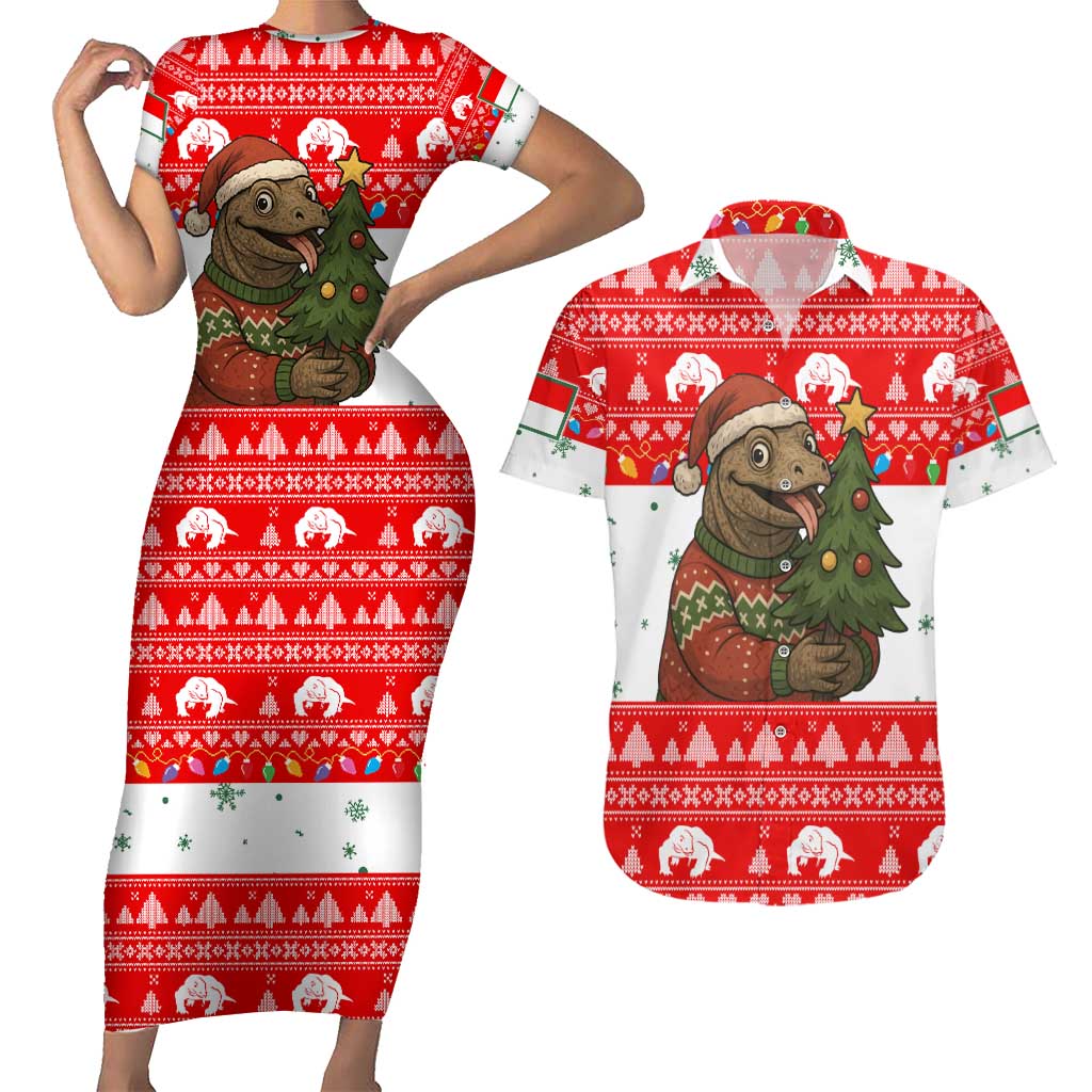 Indonesia Christmas Couples Matching Short Sleeve Bodycon Dress and Hawaiian Shirt with Komodo Dragon Santa Hat Christmas Tree and Red White Holiday - Wonder Print Shop