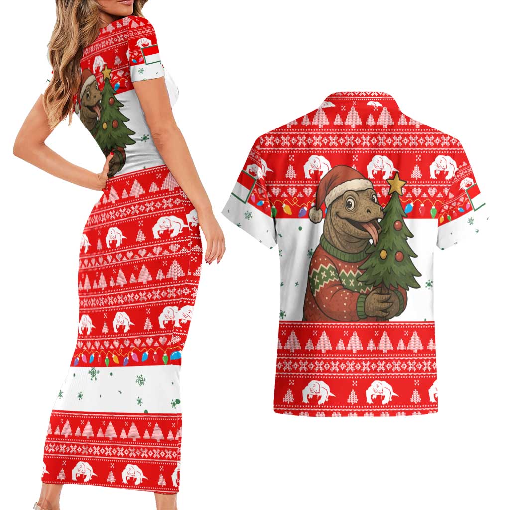 Indonesia Christmas Couples Matching Short Sleeve Bodycon Dress and Hawaiian Shirt with Komodo Dragon Santa Hat Christmas Tree and Red White Holiday - Wonder Print Shop