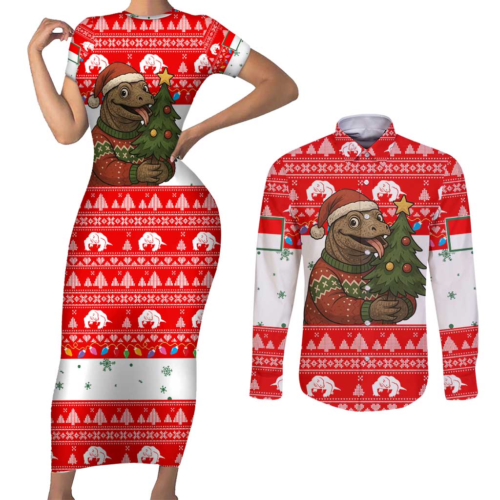 Indonesia Christmas Couples Matching Short Sleeve Bodycon Dress and Long Sleeve Button Shirt with Komodo Dragon Santa Hat Christmas Tree and Red White Holiday - Wonder Print Shop