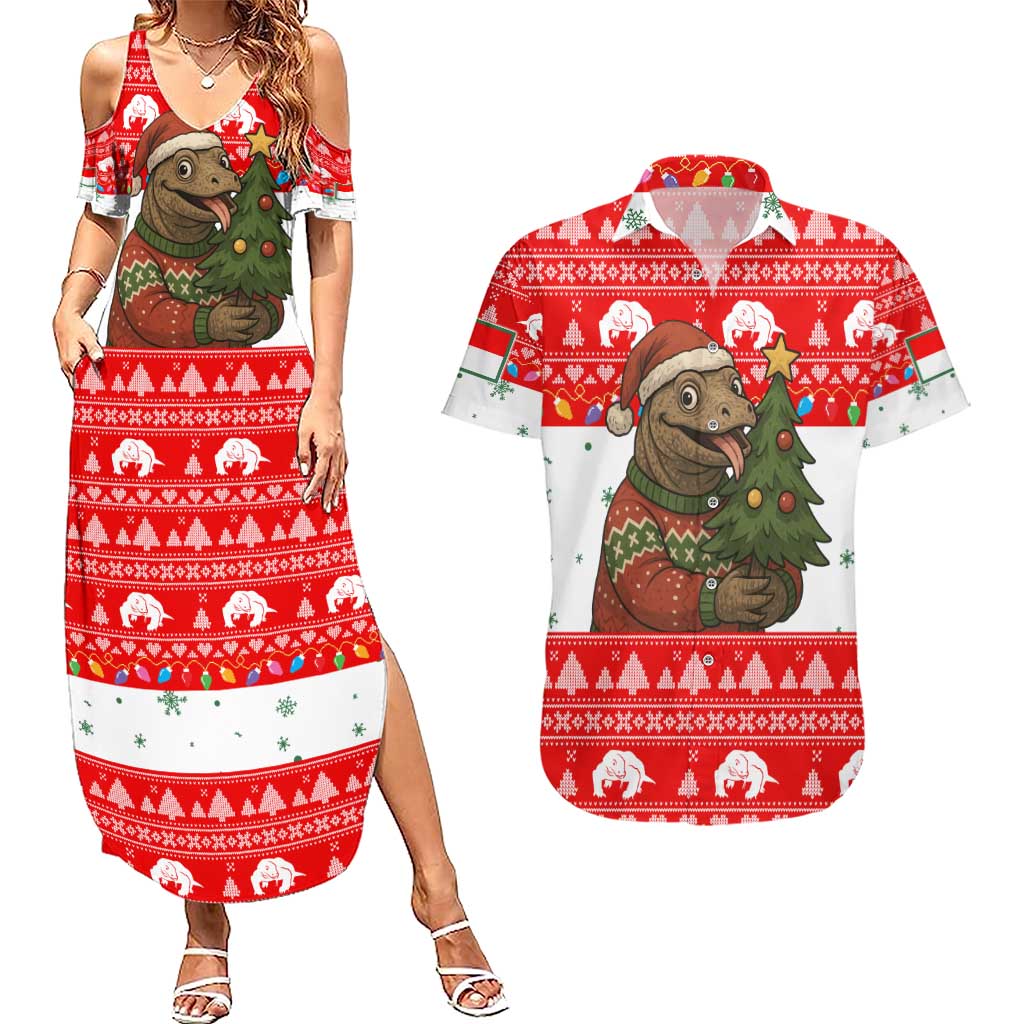 Indonesia Christmas Couples Matching Summer Maxi Dress and Hawaiian Shirt with Komodo Dragon Santa Hat Christmas Tree and Red White Holiday - Wonder Print Shop