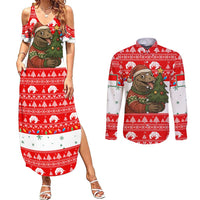 Indonesia Christmas Couples Matching Summer Maxi Dress and Long Sleeve Button Shirt with Komodo Dragon Santa Hat Christmas Tree and Red White Holiday - Wonder Print Shop
