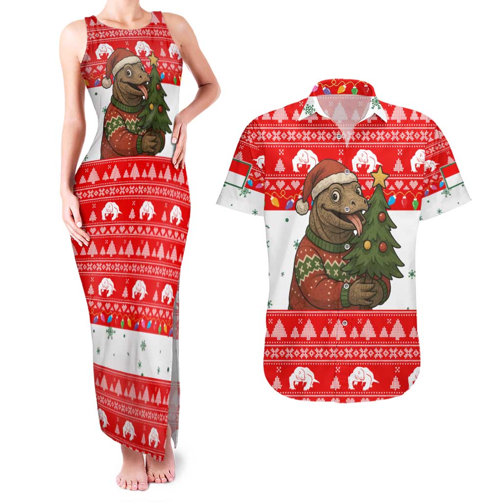 Indonesia Christmas Couples Matching Tank Maxi Dress and Hawaiian Shirt with Komodo Dragon Santa Hat Christmas Tree and Red White Holiday - Wonder Print Shop