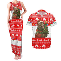 Indonesia Christmas Couples Matching Tank Maxi Dress and Hawaiian Shirt with Komodo Dragon Santa Hat Christmas Tree and Red White Holiday - Wonder Print Shop