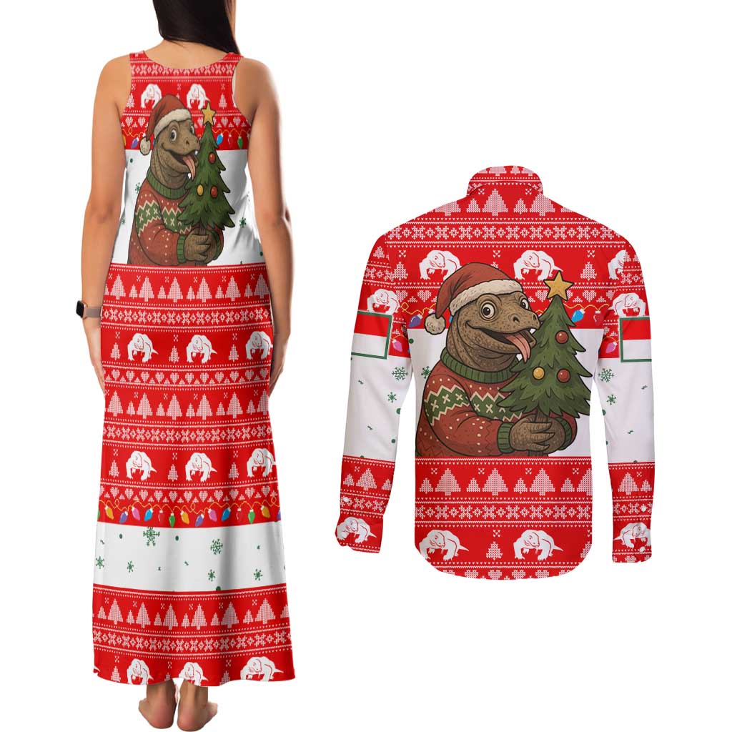 Indonesia Christmas Couples Matching Tank Maxi Dress and Long Sleeve Button Shirt with Komodo Dragon Santa Hat Christmas Tree and Red White Holiday - Wonder Print Shop