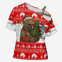 Indonesia Christmas Cross Shoulder Shirt with Komodo Dragon Santa Hat Christmas Tree and Red White Holiday - Wonder Print Shop