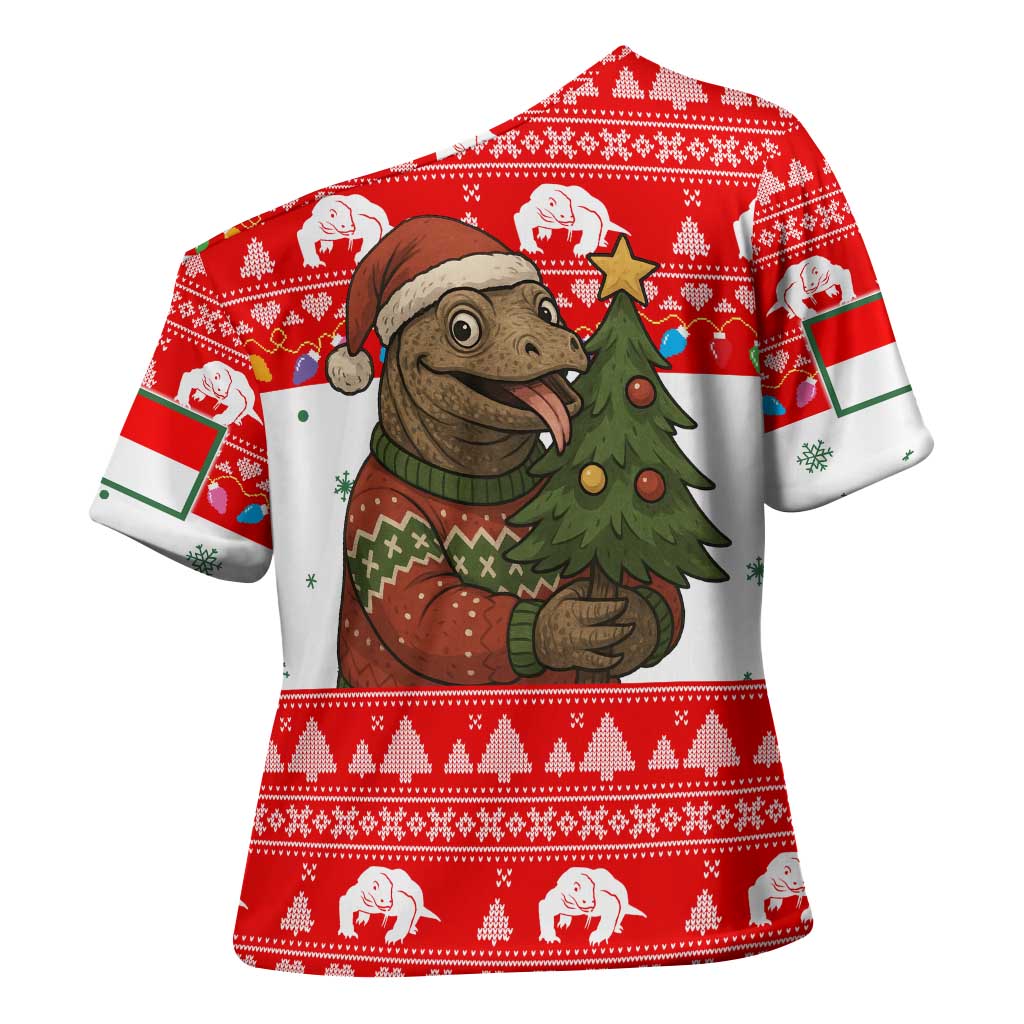 Indonesia Christmas Cross Shoulder Shirt with Komodo Dragon Santa Hat Christmas Tree and Red White Holiday - Wonder Print Shop