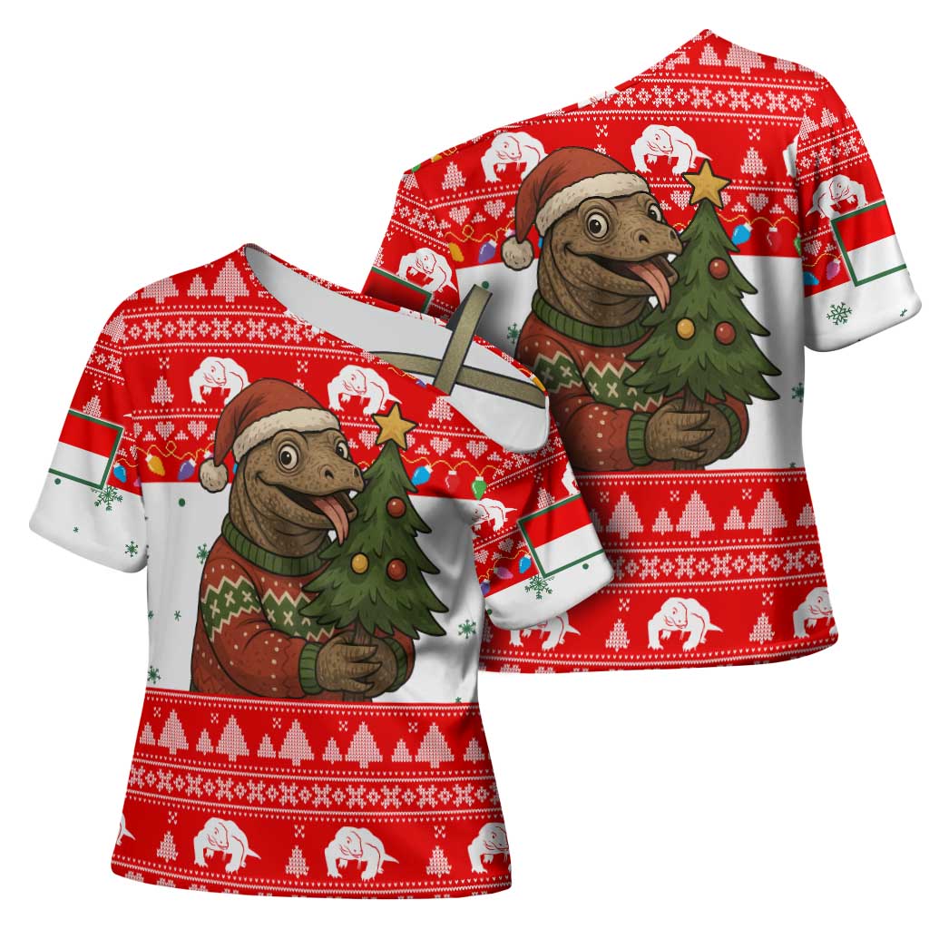 Indonesia Christmas Cross Shoulder Shirt with Komodo Dragon Santa Hat Christmas Tree and Red White Holiday - Wonder Print Shop