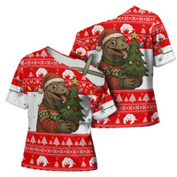 Indonesia Christmas Cross Shoulder Shirt with Komodo Dragon Santa Hat Christmas Tree and Red White Holiday - Wonder Print Shop