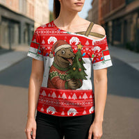 Indonesia Christmas Cross Shoulder Shirt with Komodo Dragon Santa Hat Christmas Tree and Red White Holiday - Wonder Print Shop