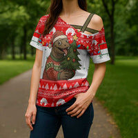 Indonesia Christmas Cross Shoulder Shirt with Komodo Dragon Santa Hat Christmas Tree and Red White Holiday - Wonder Print Shop