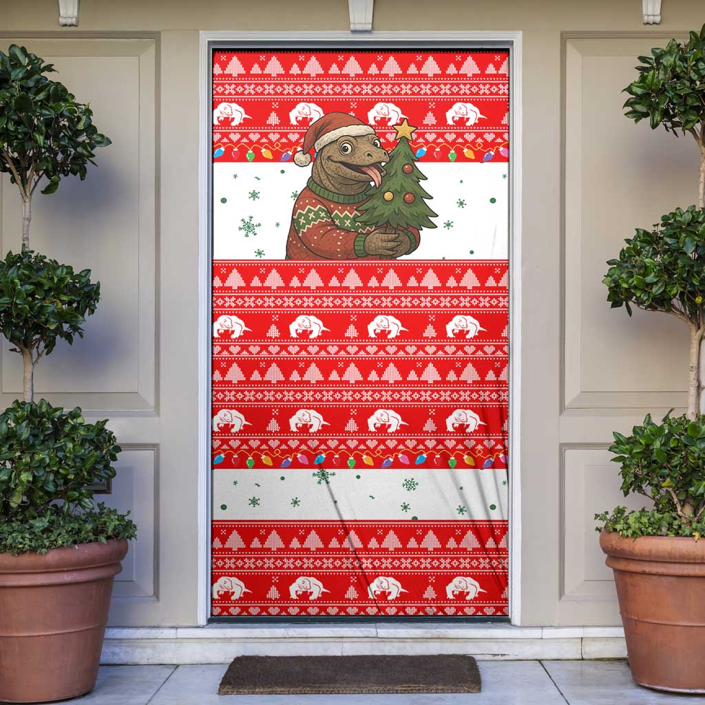 Indonesia Christmas Door Cover with Komodo Dragon Santa Hat Christmas Tree and Red White Holiday - Wonder Print Shop