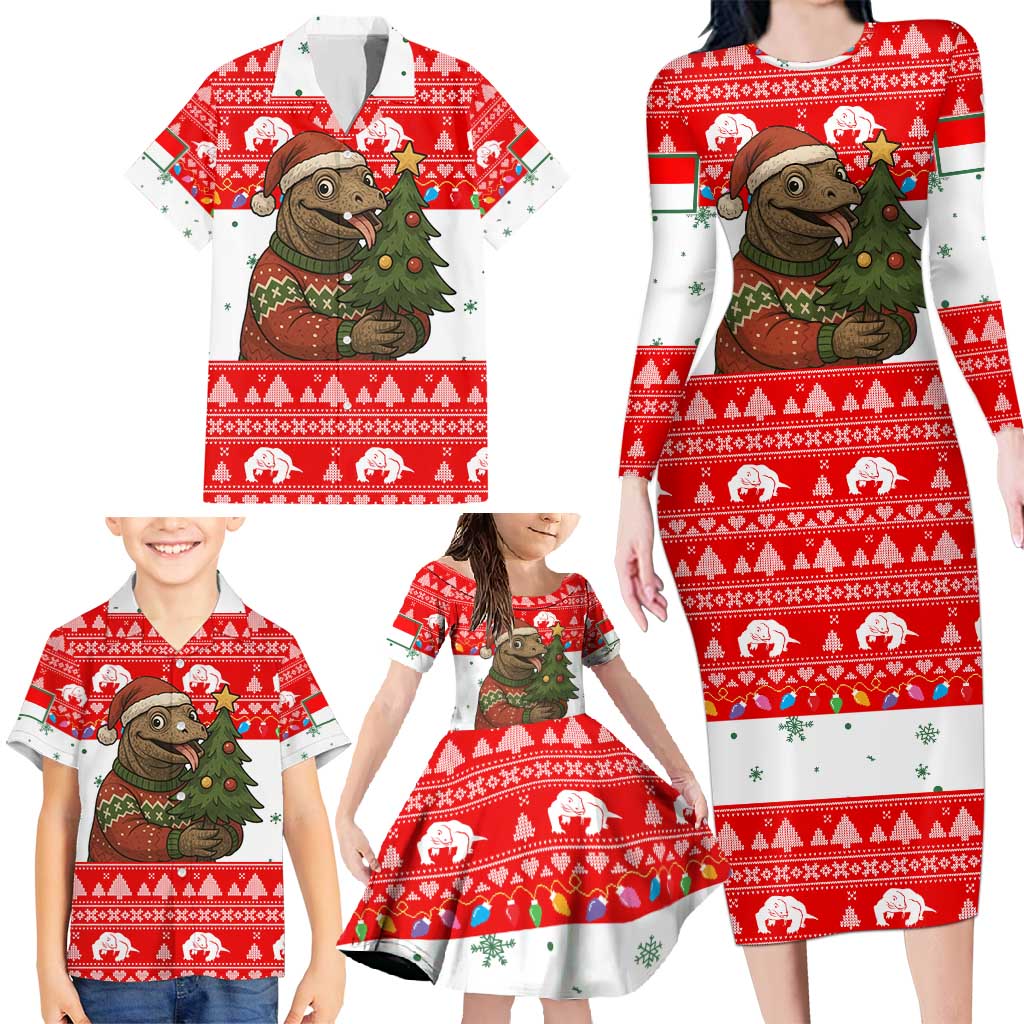 Indonesia Christmas Family Matching Long Sleeve Bodycon Dress and Hawaiian Shirt with Komodo Dragon Santa Hat Christmas Tree and Red White Holiday - Wonder Print Shop