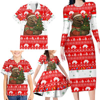 Indonesia Christmas Family Matching Long Sleeve Bodycon Dress and Hawaiian Shirt with Komodo Dragon Santa Hat Christmas Tree and Red White Holiday - Wonder Print Shop