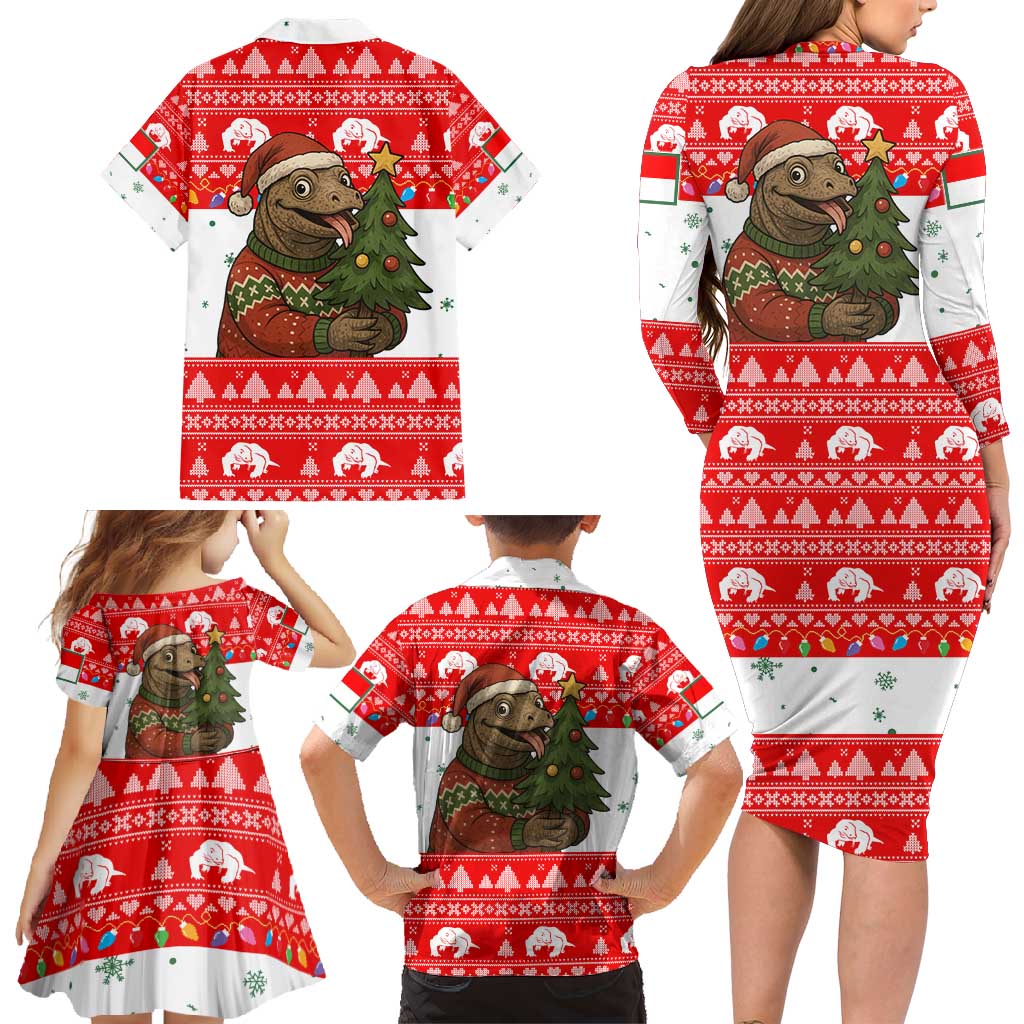 Indonesia Christmas Family Matching Long Sleeve Bodycon Dress and Hawaiian Shirt with Komodo Dragon Santa Hat Christmas Tree and Red White Holiday - Wonder Print Shop