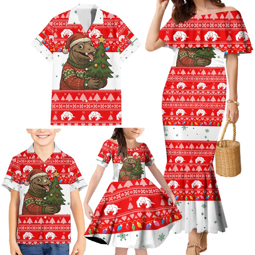 Indonesia Christmas Family Matching Mermaid Dress and Hawaiian Shirt with Komodo Dragon Santa Hat Christmas Tree and Red White Holiday - Wonder Print Shop