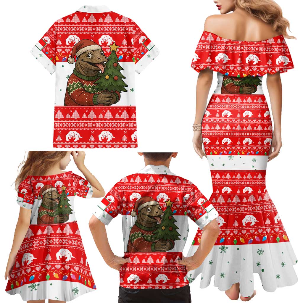 Indonesia Christmas Family Matching Mermaid Dress and Hawaiian Shirt with Komodo Dragon Santa Hat Christmas Tree and Red White Holiday - Wonder Print Shop