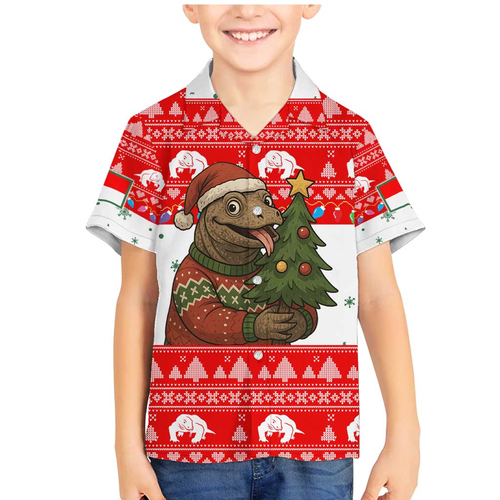 Indonesia Christmas Family Matching Mermaid Dress and Hawaiian Shirt with Komodo Dragon Santa Hat Christmas Tree and Red White Holiday - Wonder Print Shop