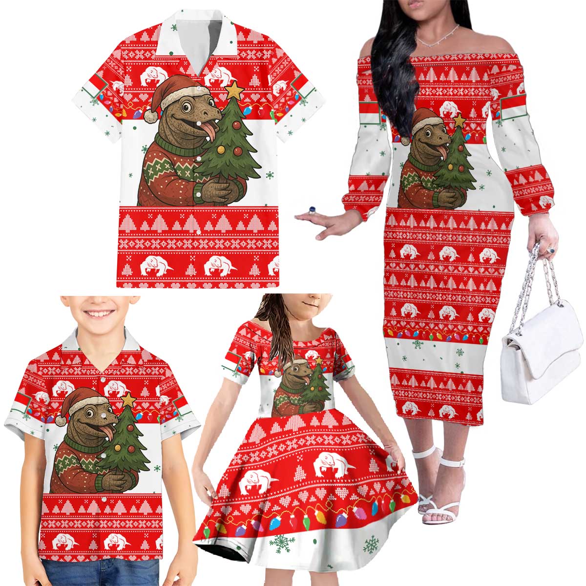 Indonesia Christmas Family Matching Off The Shoulder Long Sleeve Dress and Hawaiian Shirt with Komodo Dragon Santa Hat Christmas Tree and Red White Holiday - Wonder Print Shop