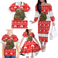 Indonesia Christmas Family Matching Off The Shoulder Long Sleeve Dress and Hawaiian Shirt with Komodo Dragon Santa Hat Christmas Tree and Red White Holiday - Wonder Print Shop