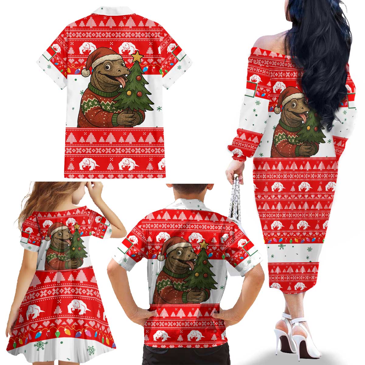 Indonesia Christmas Family Matching Off The Shoulder Long Sleeve Dress and Hawaiian Shirt with Komodo Dragon Santa Hat Christmas Tree and Red White Holiday - Wonder Print Shop